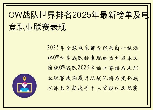 OW战队世界排名2025年最新榜单及电竞职业联赛表现