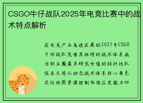 CSGO牛仔战队2025年电竞比赛中的战术特点解析